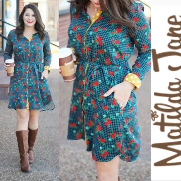 Matilda Jane Dresses & Skirts - MATILDA Jane Fa La La Blue Plaid Red Rose Floral Button Up Midi Dress XS